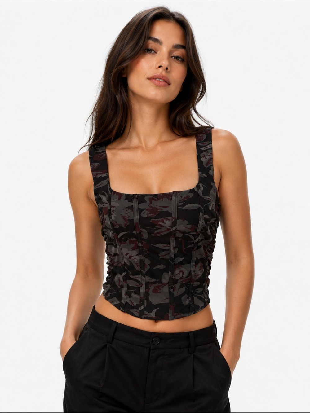 Free People Galaxy Black Floral Print Structured Mesh Fabric Corset Top Size M